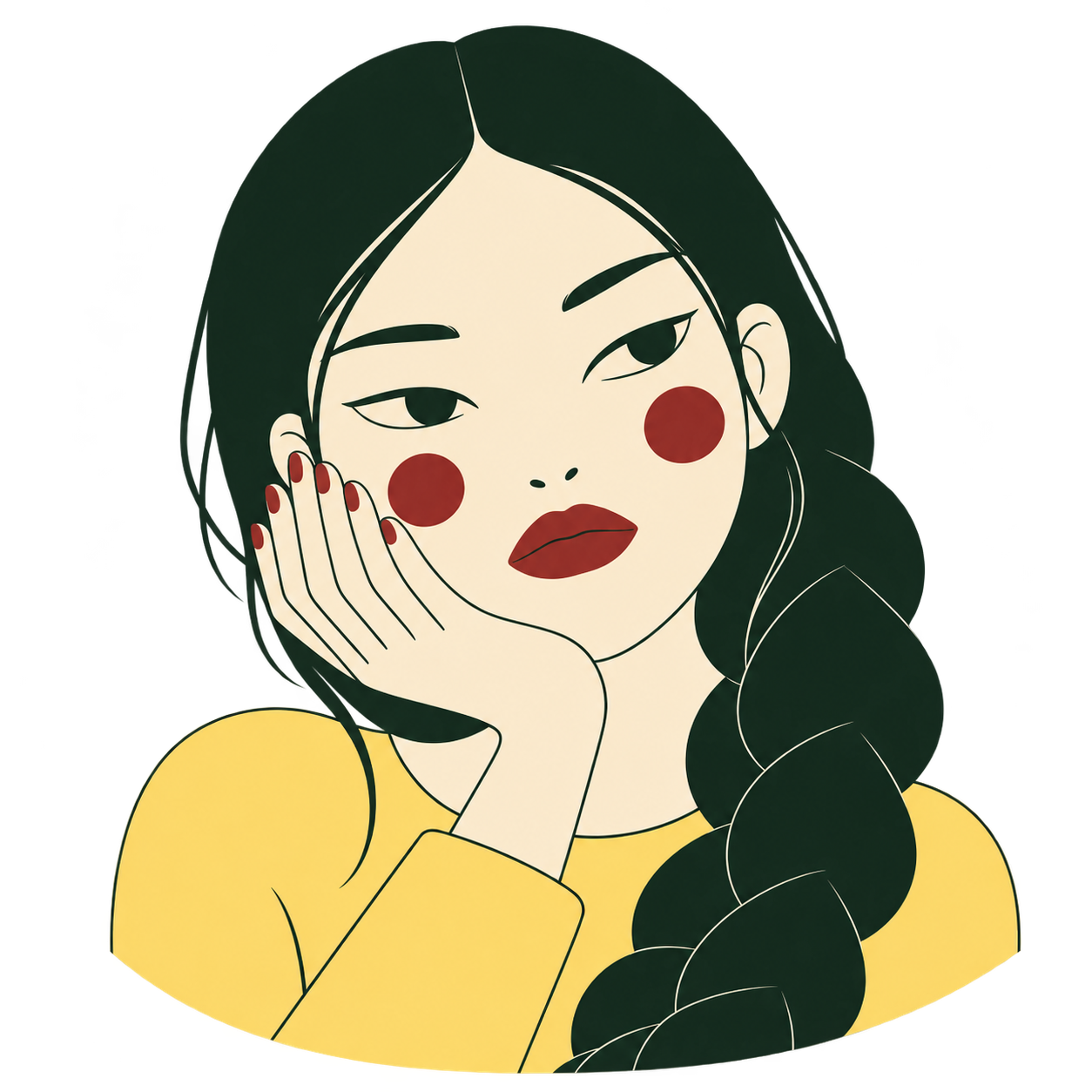 Gigi with a dark green braid and six-fingered hand